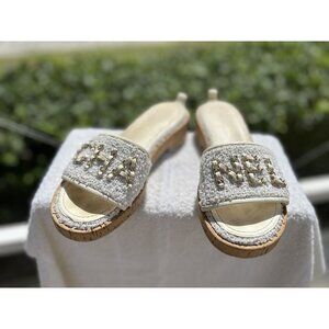 CHANEL 21C Signature White Chain Tweed Mules Slide Cork 39.5 🤍🤍